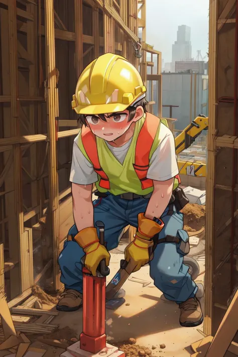 masterpiece,best quality,1male,construction site,working,sweat,energy