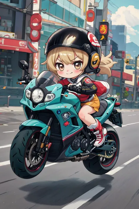 masterpiece,best quality,1girl,chibi,motorcycle,jump,(frown:0.9),smile,speed,motion lines,helmet,