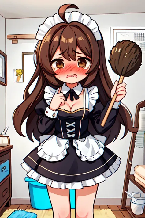 masterpiece, best quality, 1girl, chibi, ahoge, very long hair, brown hair, brown eyes, flustered, shy, embarrassed, maid outfit...