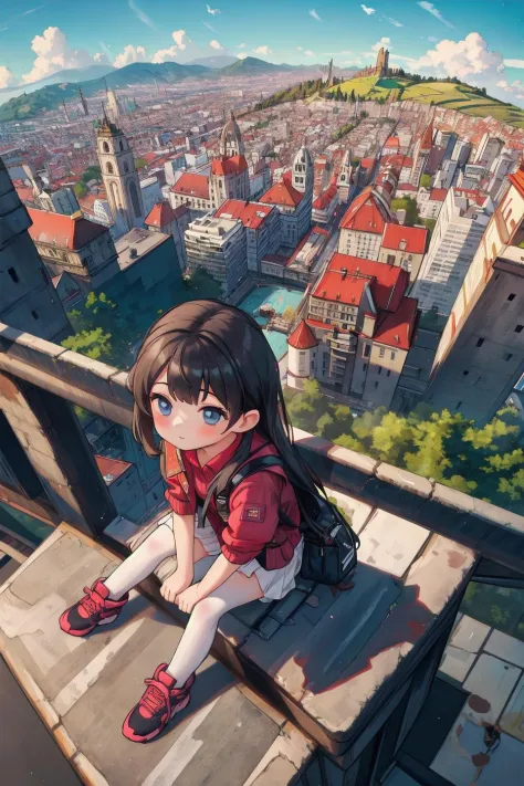 masterpiece,best quality,1girl,landscape,city,sitting,from above,