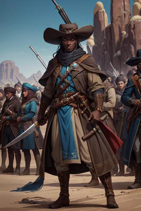 epic angle, close up, photorealistic, crowd around, <lora:Laedar-10:0.8> Laedar, black_skin, rogue with long brown coat, hat, blue magic jewels, holding a musket, (desert background:1.0), perfect hands,