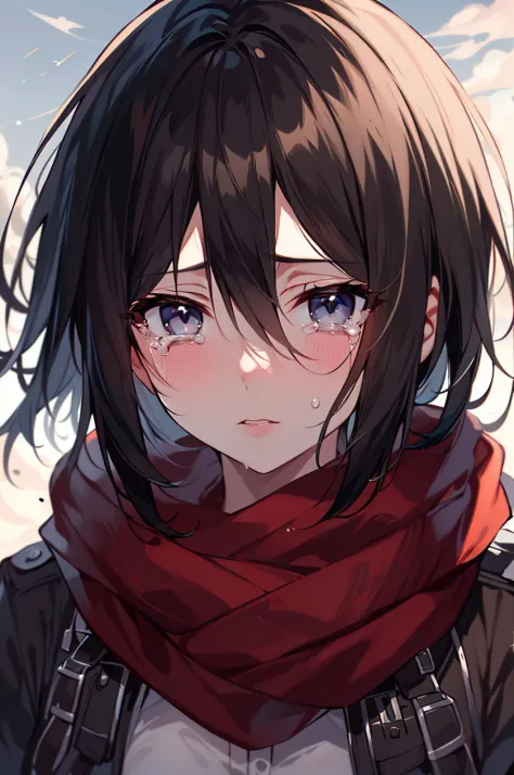 masterpiece,best quality,1girl,mikasa_ackerman,Red scarf,sky,gloomy,Combat posture,sinister gang,butyric,Minimalism,Impact art,ruins,black eyes,<lora:sanli_v1.1:0.7>,close up,Open your mouth,With tears in his eyes,