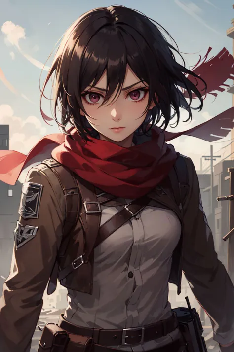 gpO\,best quality,1girl,mikasa_ackerman,Red scarf,sky,gloomy,Combat posture,Action art,Aim at the enemy,Face full of murderous look,sinister gang,butyric,weapon,Minimalism,Impact art,ruins,