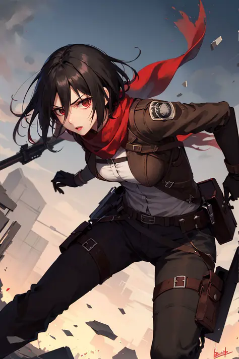 gpO\,best quality,1girl,mikasa_ackerman,Red scarf,sky,gloomy,Combat posture,Action art,Aim at the enemy,Face full of murderous look,sinister gang,butyric,weapon,Minimalism,Impact art,ruins,