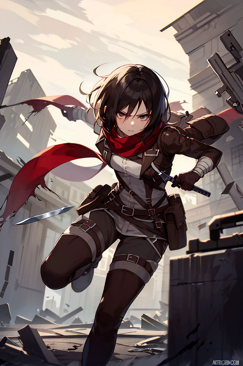 masterpiece,best quality,1girl,mikasa_ackerman,Red scarf,sky,gloomy,Combat posture,Action art,Aim at the enemy,Face full of murderous look,sinister gang,butyric,Minimalism,Impact art,ruins,black eyes,boots,point/edge of a knife,