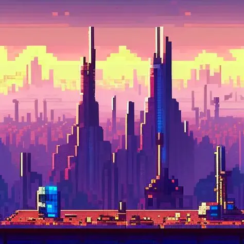 futuristic abandoned city landscape, pale colors, 16 bit style, pixelart, gamedev, game asset background