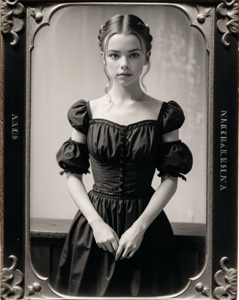 a black and white photo of a woman in a dress