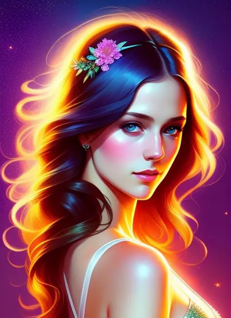 snthwve style nvinkpunk photorealistic painting ((full body)) portrait of ((stunningly attractive)) a woman at a music festival, ((perfect feminine face)), (+long colorful wavy hair), (+glitter freckles), glitter, wearing a dress, intricate, 8k, highly det...