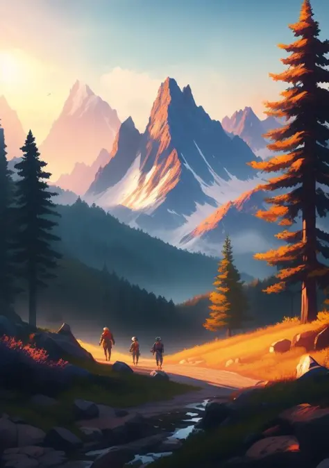 fking_scifi, tk-char, tk-env, drawing of mountains american small forest clouldy at sunset, tk-env style, with people walking ar...