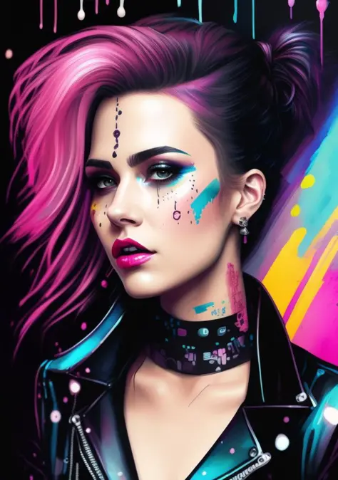 fking_scifi, award-winning cartoon digital painting (punk woman:1.25), sythwave, cyberpunk, snthwve style, nvinkpunk, ink drawing, paint splatters, ink drips, watercolor, (incomplete canvas), crying black tears, <lyco:fkCiv_L1:0.30:0.20>