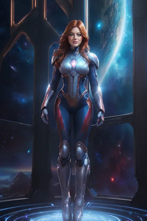 a woman in a futuristic suit stands in front of a window