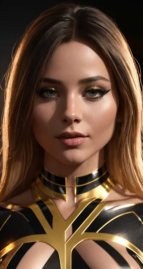 a close up of a woman in a black and gold outfit