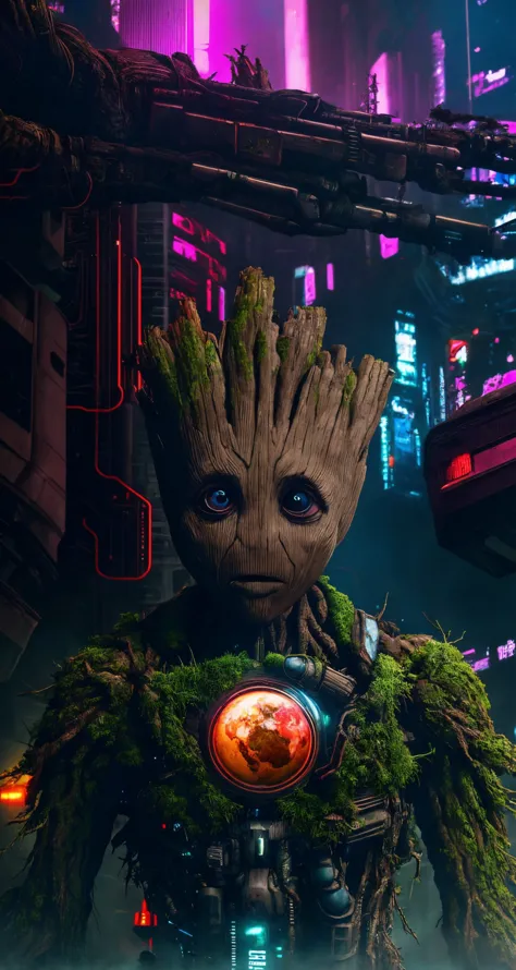 post-apocalyptic Earth overgrown by nature, Groot encounters remnants of human civilization , closeup, centered, looking at view...