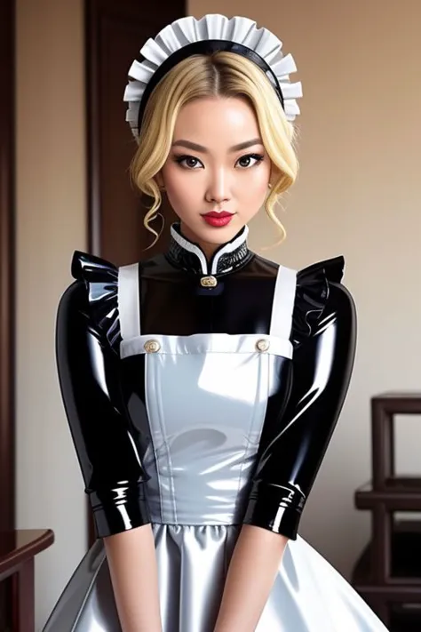 masterpiece, best quality, professional detailed photo of (blonde Asian beauty:1.3) wearing (glossy latex Victorian maid dress:1...