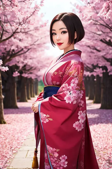 a woman in a kimono is standing in a park with cherry trees