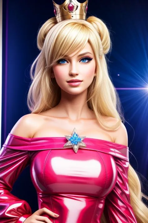 (bimbo:1.4), professional detailed photo, (samus aran:1.2) dressed in (latex (Rosalina off-the-shoulder pink dress:1.2), (long p...