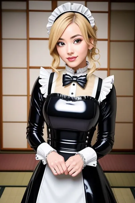 a woman in a maid outfit poses for a picture