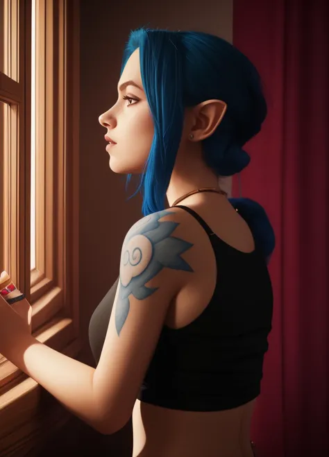 a woman with blue hair and tattoos looking out a window