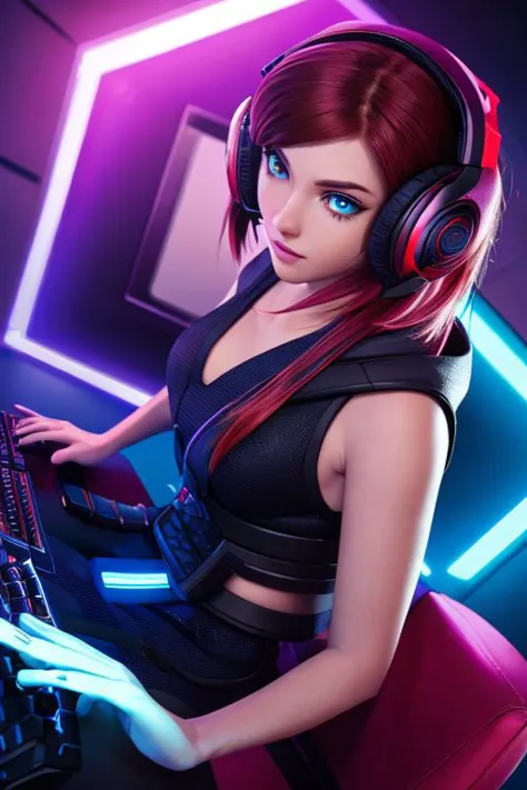 masterpiece, (gamer girl), in a disordered bedrom, female, playing on the pc, action shot, detailed eyes, very vivid lighting, detailed, (vibrant, photo realistic, realistic, sharp focus),