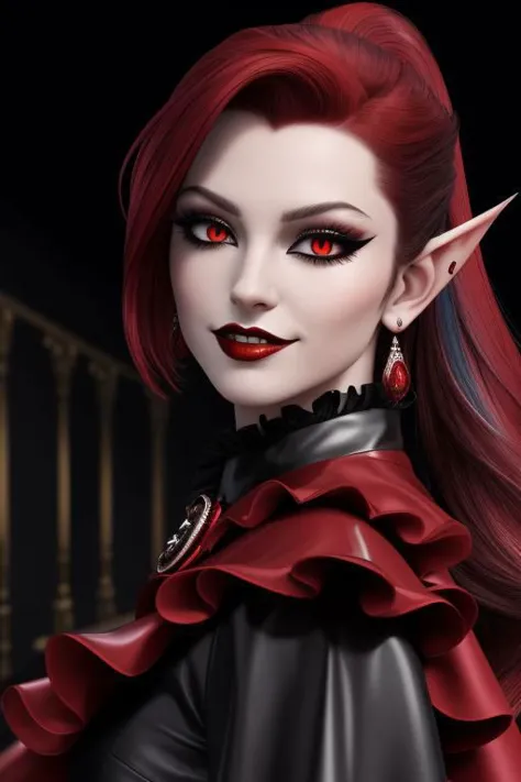 (half body, cowboy shot:1.2), professional image of a cute vampire woman, (frilly elegant glossy latex vampire cloak, vampire brooch, vampire earrings, vampire accessories),
(long hair, ponytail, hair above cheeks, gray hair with red hairtips, gradient hair, multicolored hair:1.2), (red eyes, evil smirk, evil face:1.2), (pointy ears, perfect teeth:1.3), (slit pupils), (corruption, dark_persona:1.1), (glossy red lipstick, eyeshadow, red mascara, long eyelashes:1.3), (shiny glossy translucent clothing, glossy oily latex fabric:1.1),
(intricate dark mansion background, vampire manshion, red latex furniture, red carpet:1.2), 
(absurdres, incredibly absurdres, huge filesize, High quality texture, physically-based rendering, Ray tracing, octane render, sharp focus, (8k), (4k), (Masterpiece), (Best Quality), extremely detailed, intricate, hyper detailed, high resolution, sharp detail)