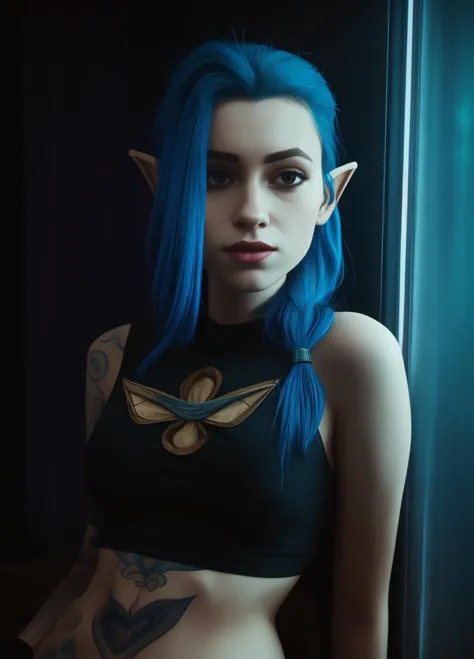 <lora:Arcane_jinx-v4:0.8> j1nx101, 1girl, (blue crop top:0.8),  blue hair, 
BREAK,
fantasy, magical, (pointy ears), thin, slender, fit body, hetero, (mystical tattoos)
<lora:epi_noiseoffset2:1> <lora:breastsizeslideroffset:0.1> 20 yo woman, (volumetric lighting), (dynamic lighiting), godrays, Rembrandt lighting, real shadows, intricate detail, photorealistic, photograph, photo, dlsr, Fuji Film, extremely high detail