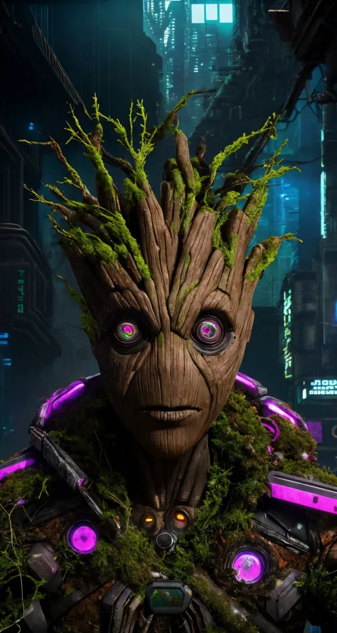 post-apocalyptic Earth overgrown by nature, Groot encounters remnants of human civilization , closeup, centered, looking at view...