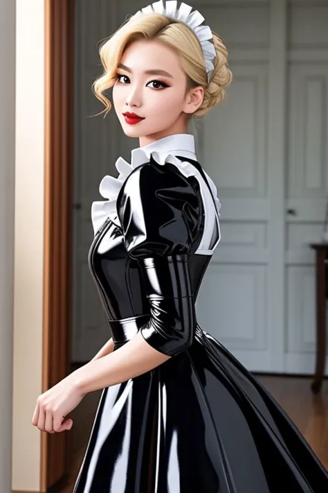 masterpiece, best quality, professional detailed photo of (blonde Korean beauty:1.3) wearing (glossy latex Victorian maid dress:1.3), (perfect face, beautiful face, symmetric face)