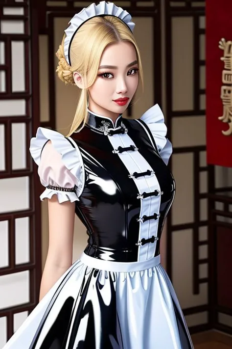 masterpiece, best quality, professional detailed photo of (blonde Chinese beauty:1.3) wearing (glossy latex Victorian maid dress...