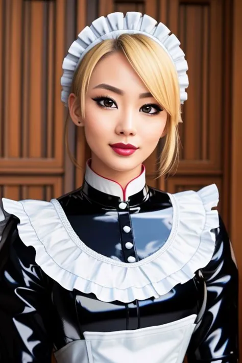 masterpiece, best quality, professional detailed photo of (blonde Asian beauty:1.3) wearing (glossy latex Victorian maid dress:1...