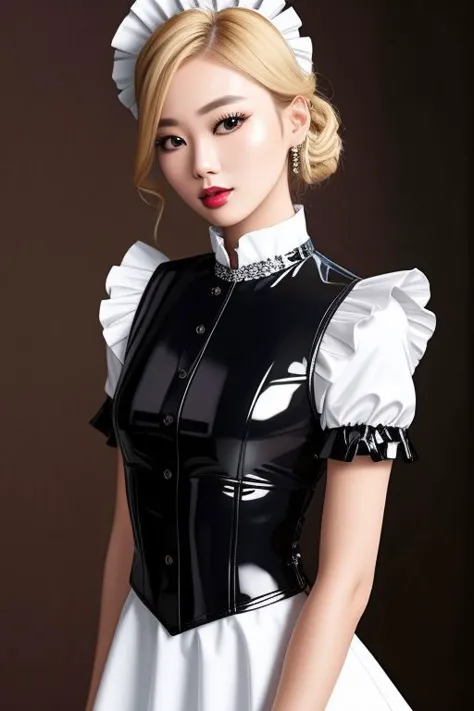 masterpiece, best quality, professional detailed photo of (blonde Korean beauty:1.3) wearing (glossy latex Victorian maid dress:...