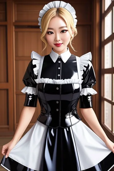 masterpiece, best quality, professional detailed photo of (blonde Korean beauty:1.3) wearing (glossy latex Victorian maid dress:...