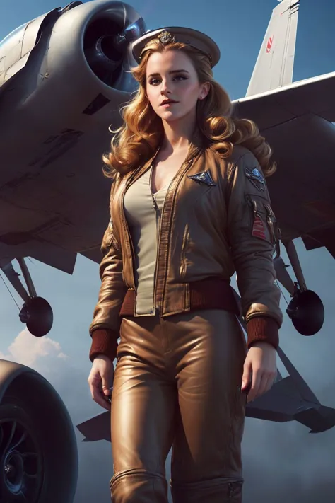 a woman in a leather jacket and hat standing in front of a plane