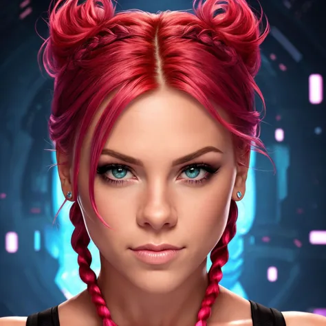 (p!nk:1.0) face, , beautiful young woman, symmetrical face, , fit, skillful,
scene is set in the Cyberspace, 2d game art, red ha...