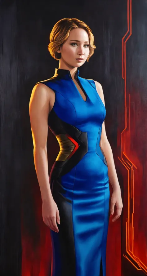 (jennifer lawrence:1.0) face, , standing, full body, action, closeup, beautiful young woman, , , fit, retrofuturistic, wearing Cocktail Dress,
As a female human face from the Shadowrun universe, Tempera Painting, symbolizes her hope and courage in the face of impending doom,
best quality, , ,