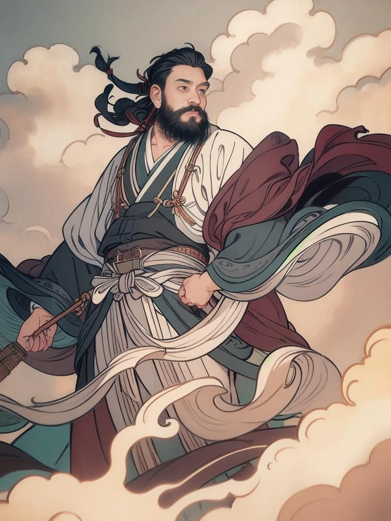 complet_corps, chef-d&#39;œuvre, traditionnel_médias, meilleure qualité, réaliste, CG extrêmement détaillé , 1garçon, barbe, Hanfu, manches longues, portrait, seulement, ruban, Ceinture flottante, nuage, ciel ,pneumatique, beau ,mince, plan large
 