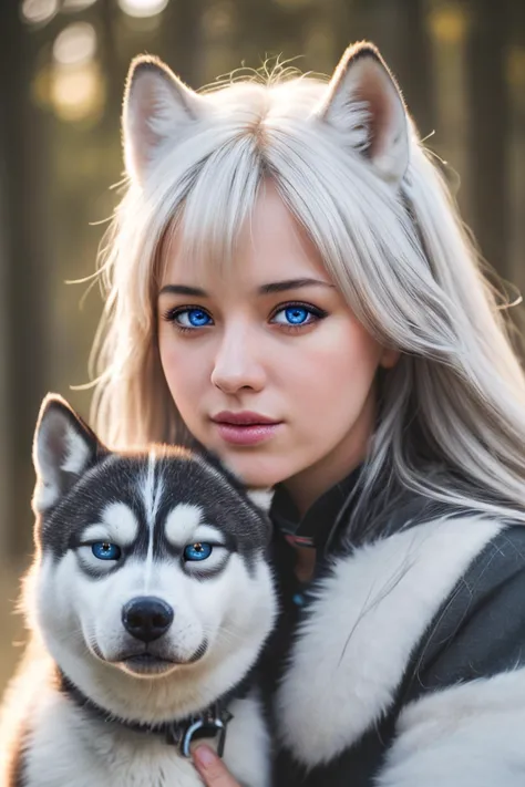 arafed woman with blue eyes and a husky dog