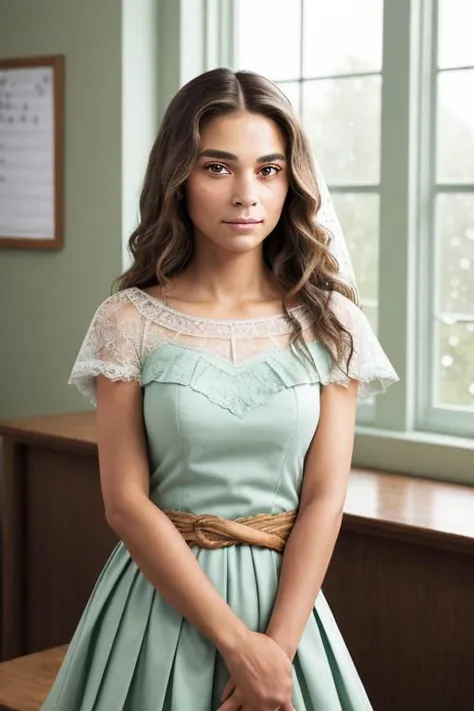 a woman in a green dress standing in front of a window