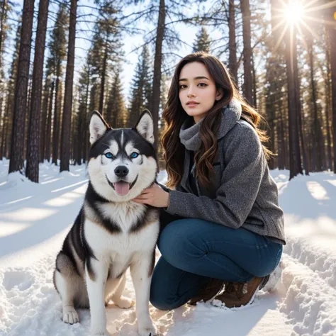 a woman kneeling in the snow with a husky dog