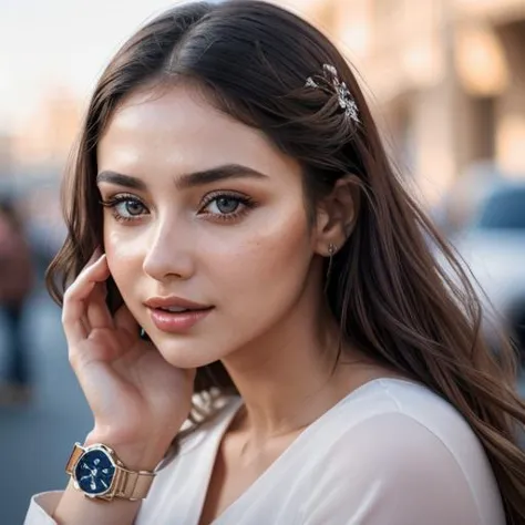 a woman with long hair wearing a watch and a white shirt