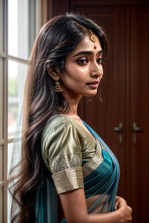 anusha in a sari sari and a green blouse