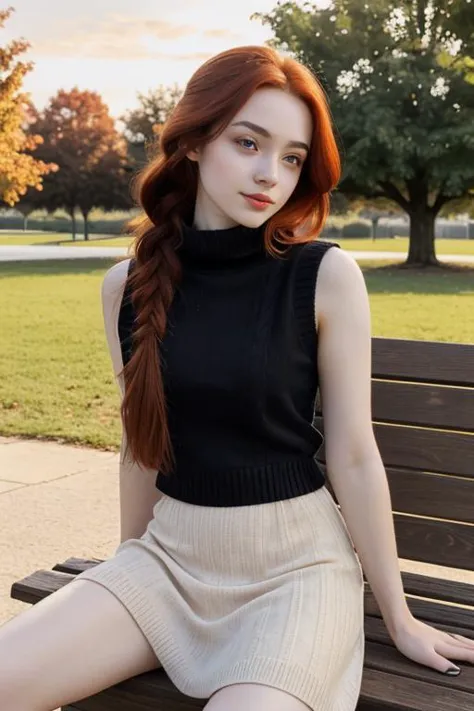 arafed woman sitting on a bench in a park with a black top