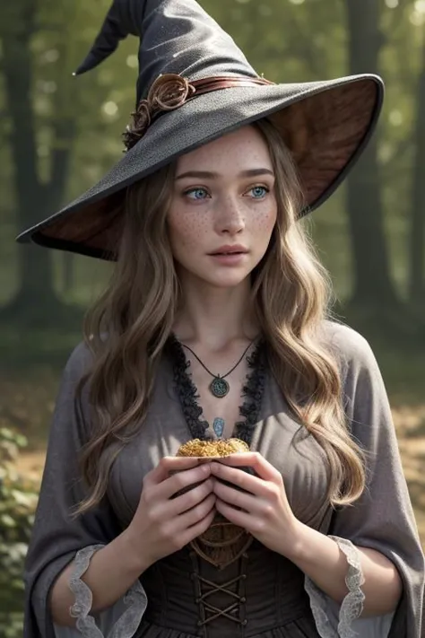 a woman in a witch hat holding a cookie in a forest