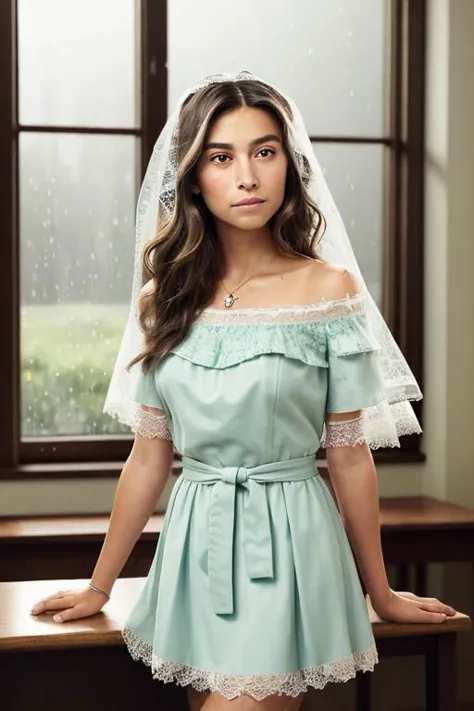 a woman in a blue dress and veil posing for a picture