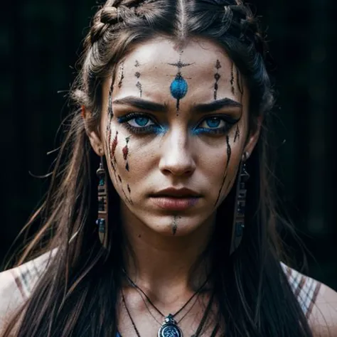 a woman with blue eyes and a face paint on her face