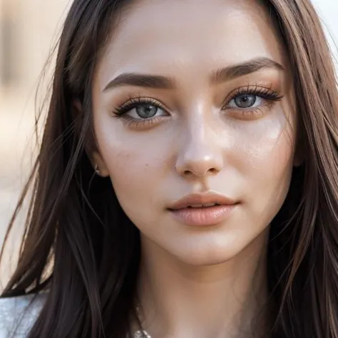 a close up of a woman with long hair and a necklace