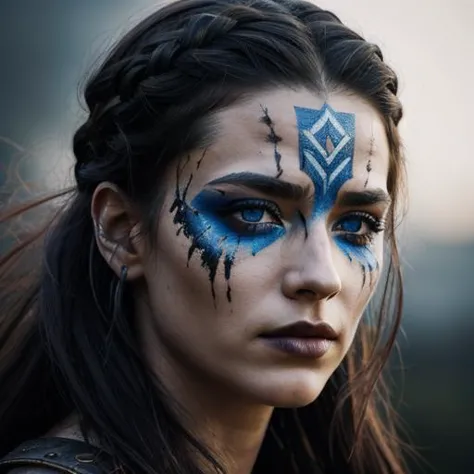 cinematic film still dramatic side lighting, dramatic intense stare closeup portrait, dark black background, hdr, dramatic beautiful warrior woman with warrior face paintings and blood, viking braids, blue eyes, pelt, skull necklace, shallow depth of field, vignette, highly detailed, high budget Hollywood film, cinemascope, moody, epic, gorgeous