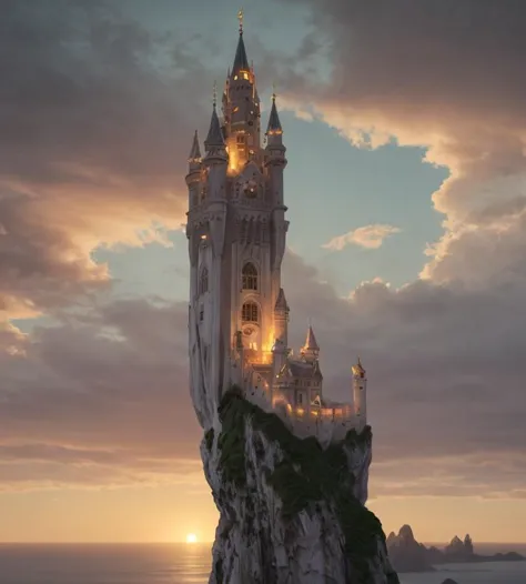 a close up of a castle on a cliff with a sunset in the background