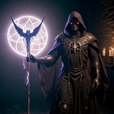 a man in a hooded jacket holding a staff and a glowing light