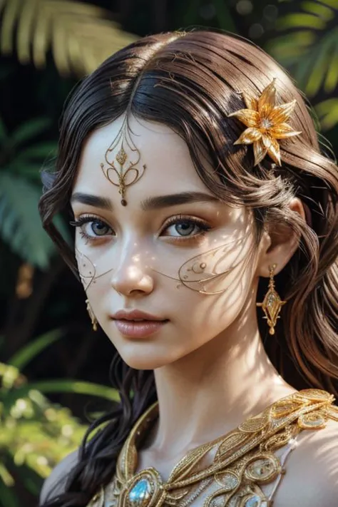 a woman with a gold face paint and a flower in her hair