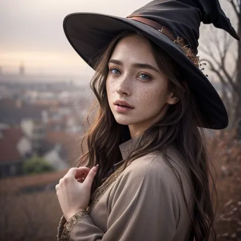 a close up of a woman wearing a hat and a brown coat